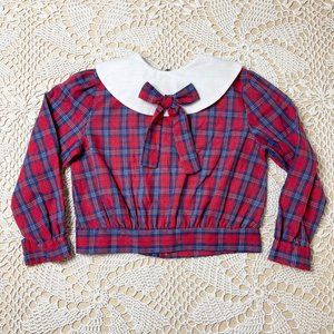 Vintage 1980s Freckles Girls 6 Years Red Plaid Wide Collar Long Sleeve Blouse